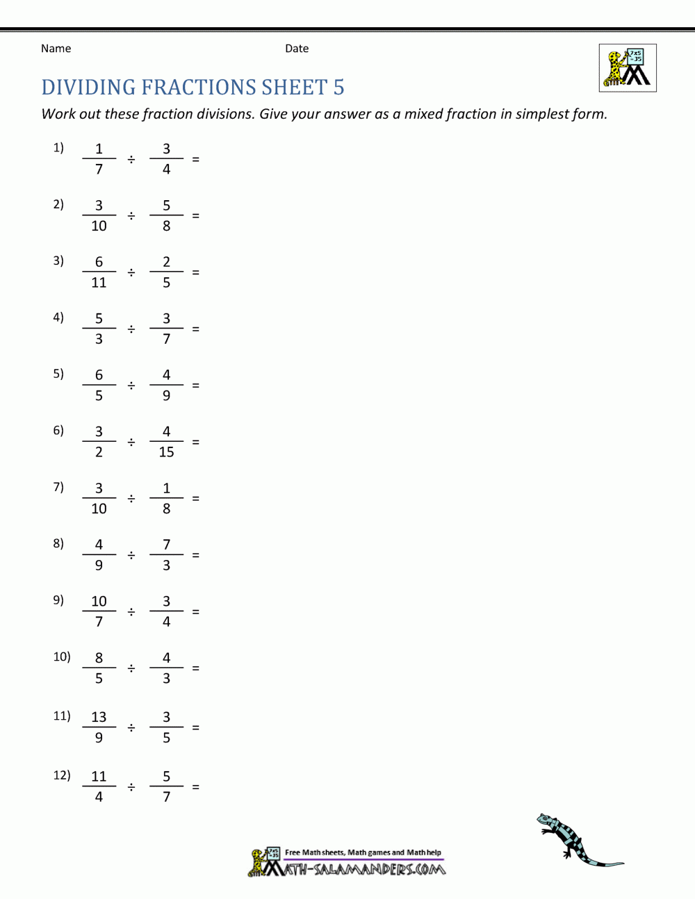Dividing Fractions Worksheet Dividing Fractions Worksheet