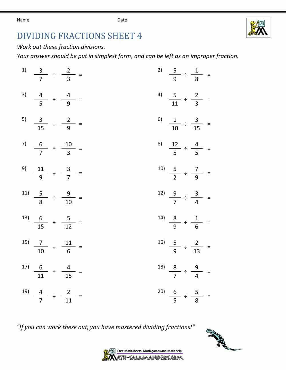 Dividing Fractions Worksheet Dividing Fractions Worksheet