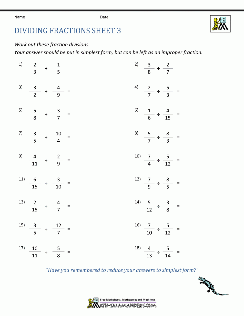 Dividing Fractions Worksheet Dividing Fractions Worksheet
