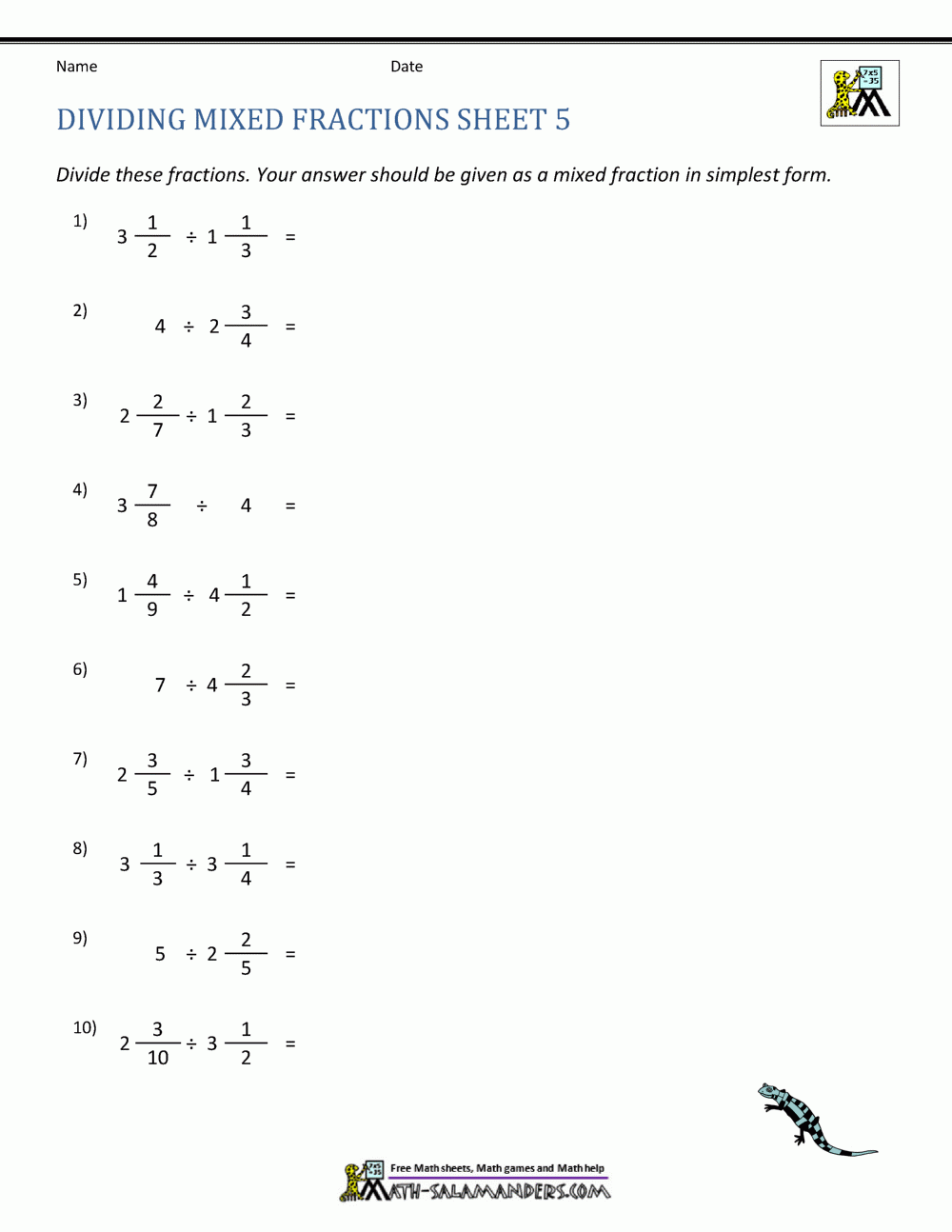 Dividing Mixed Fractions Worksheet Dividing Mixed Fractions Worksheet