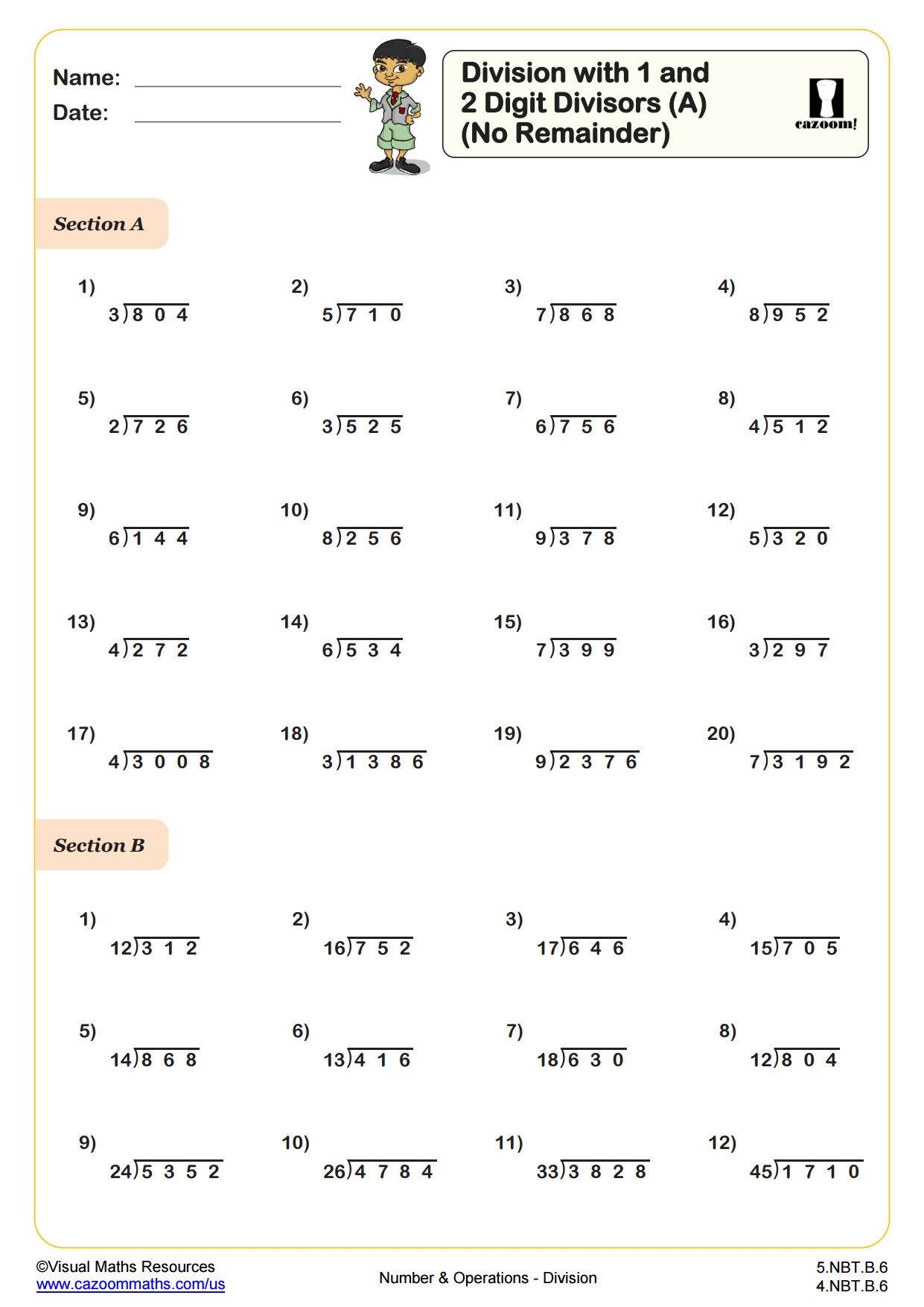 Division A No Remainders PDF Printable Number And Operations Worksheets Cazoom Math Division A No Remainders PDF Printable Number And Operations Worksheets Cazoom Math
