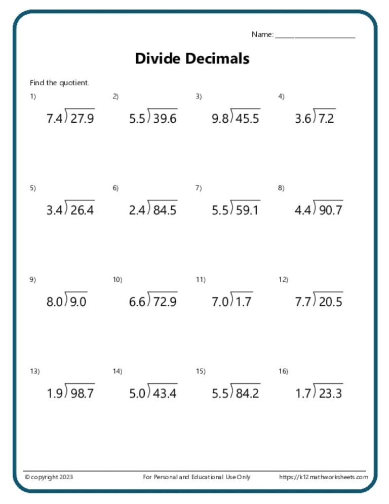 Division With Decimals Worksheets K12 Math Worksheets