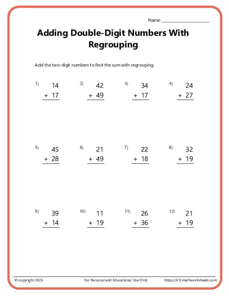 Double Digit Addition With Regrouping Worksheets Double Digit Addition With Regrouping Worksheets