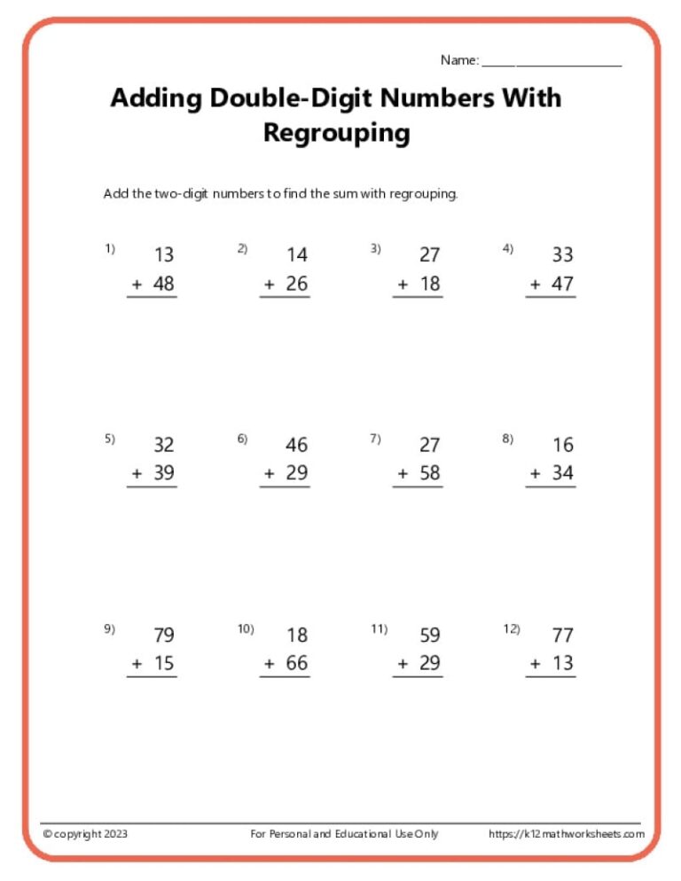Double Digit Addition With Regrouping Worksheets