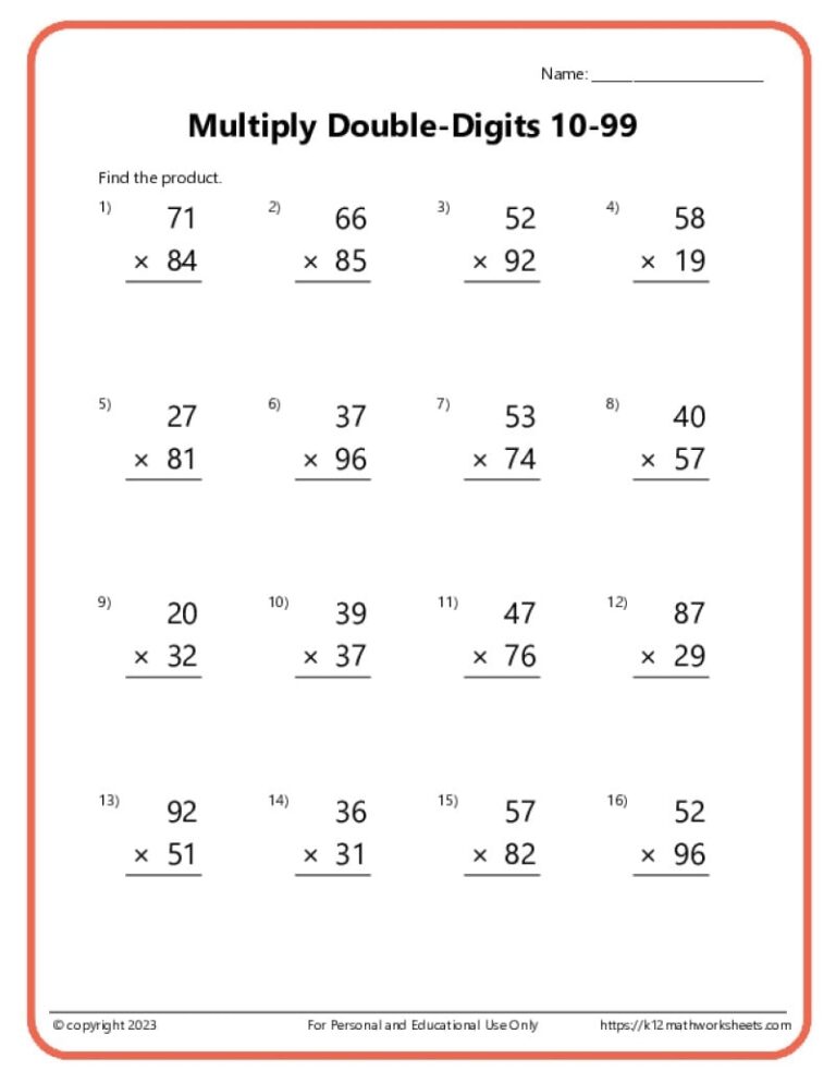 Double Digit Multiplication Worksheets