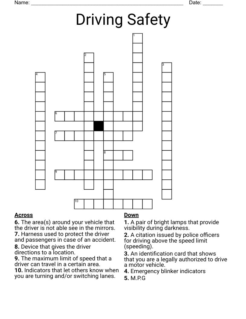 Driving Safety Crossword WordMint Driving Safety Crossword WordMint