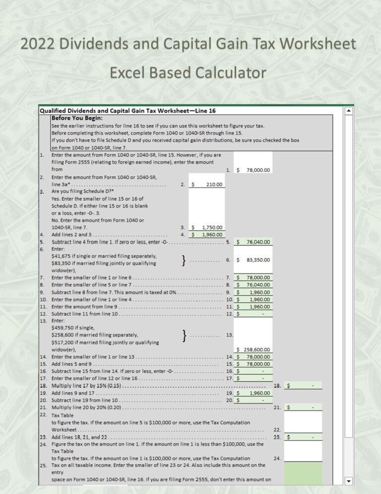 Easy Calculator For 2022 Qualified Dividends And Capital Gain Tax Worksheet excel 2016 Also Includes Tax Computation Worksheet Etsy