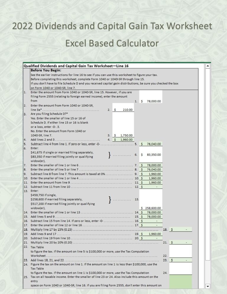 Easy Calculator For 2022 Qualified Dividends And Capital Gain Tax Worksheet excel 2016 Also Includes Tax Computation Worksheet Etsy