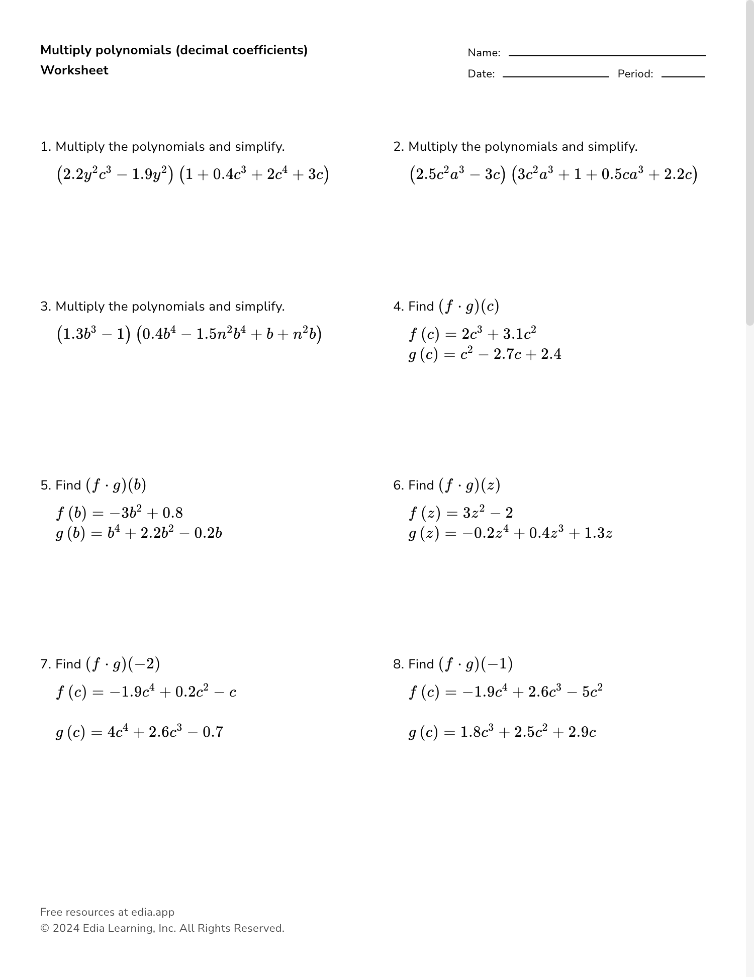 multiplication of polynomials worksheet multiplication of polynomials worksheet