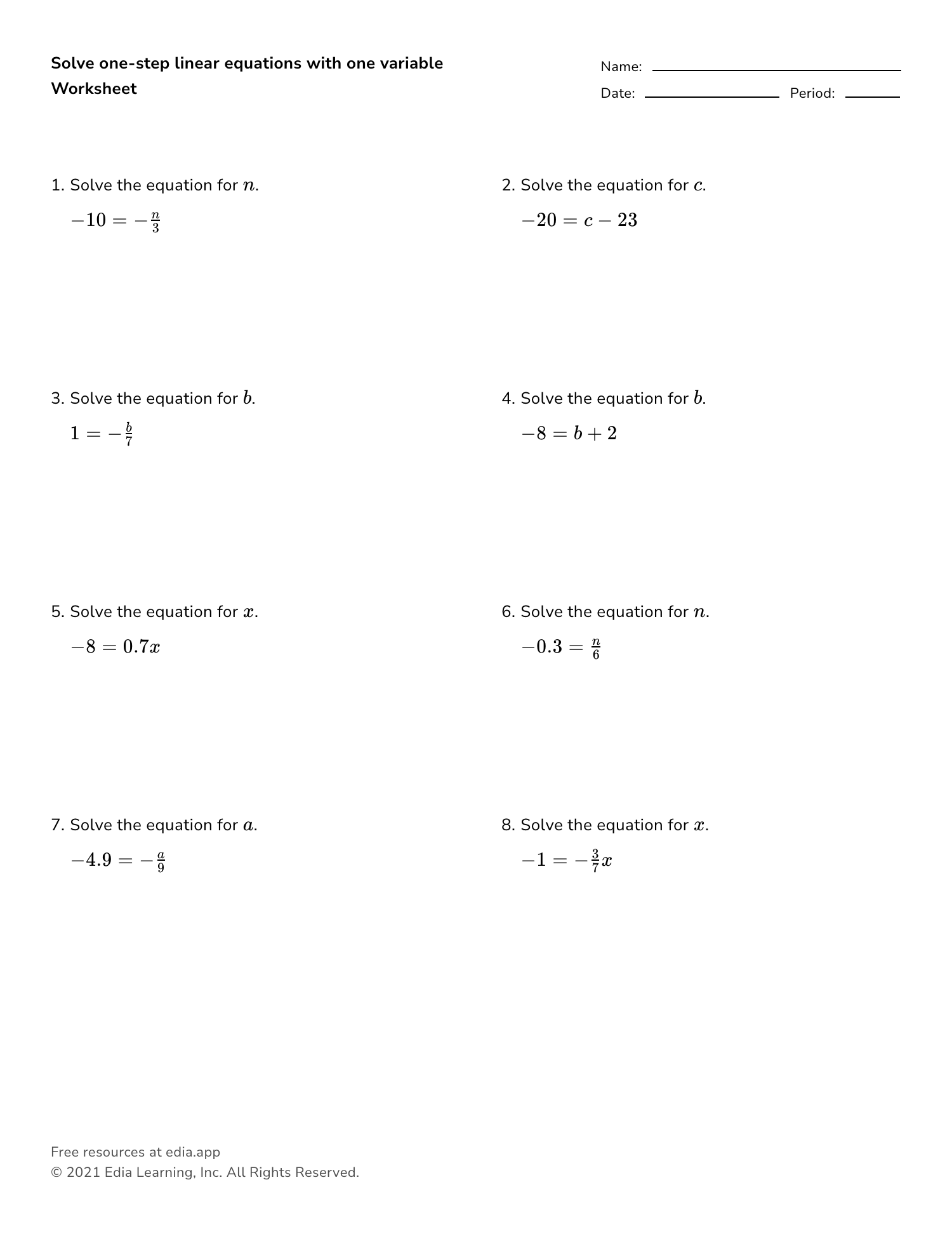 one step equations worksheet one step equations worksheet