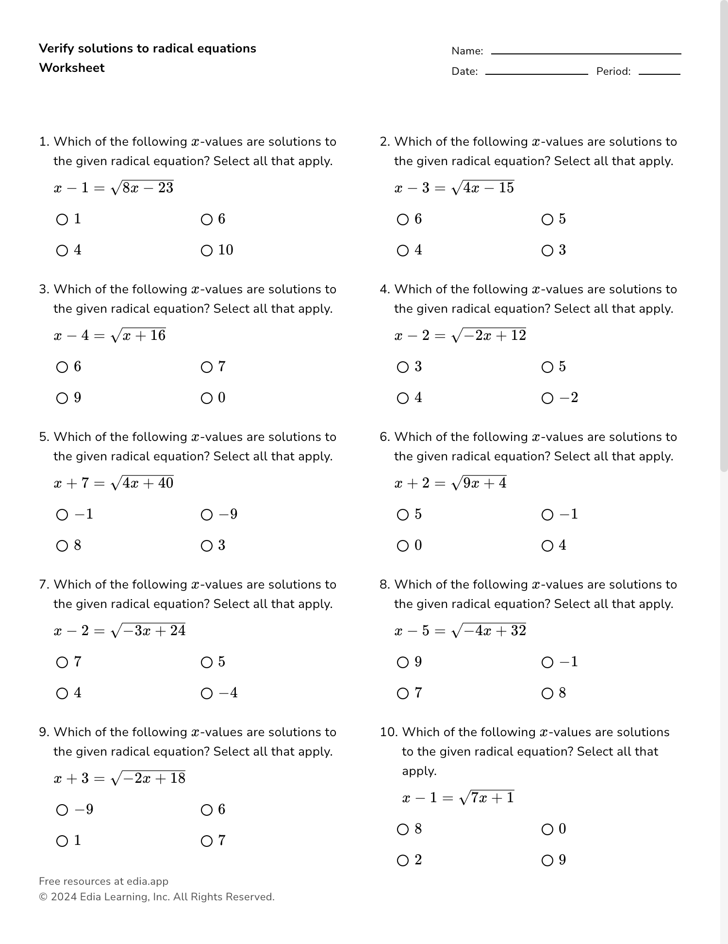 solving radical equations worksheet solving radical equations worksheet