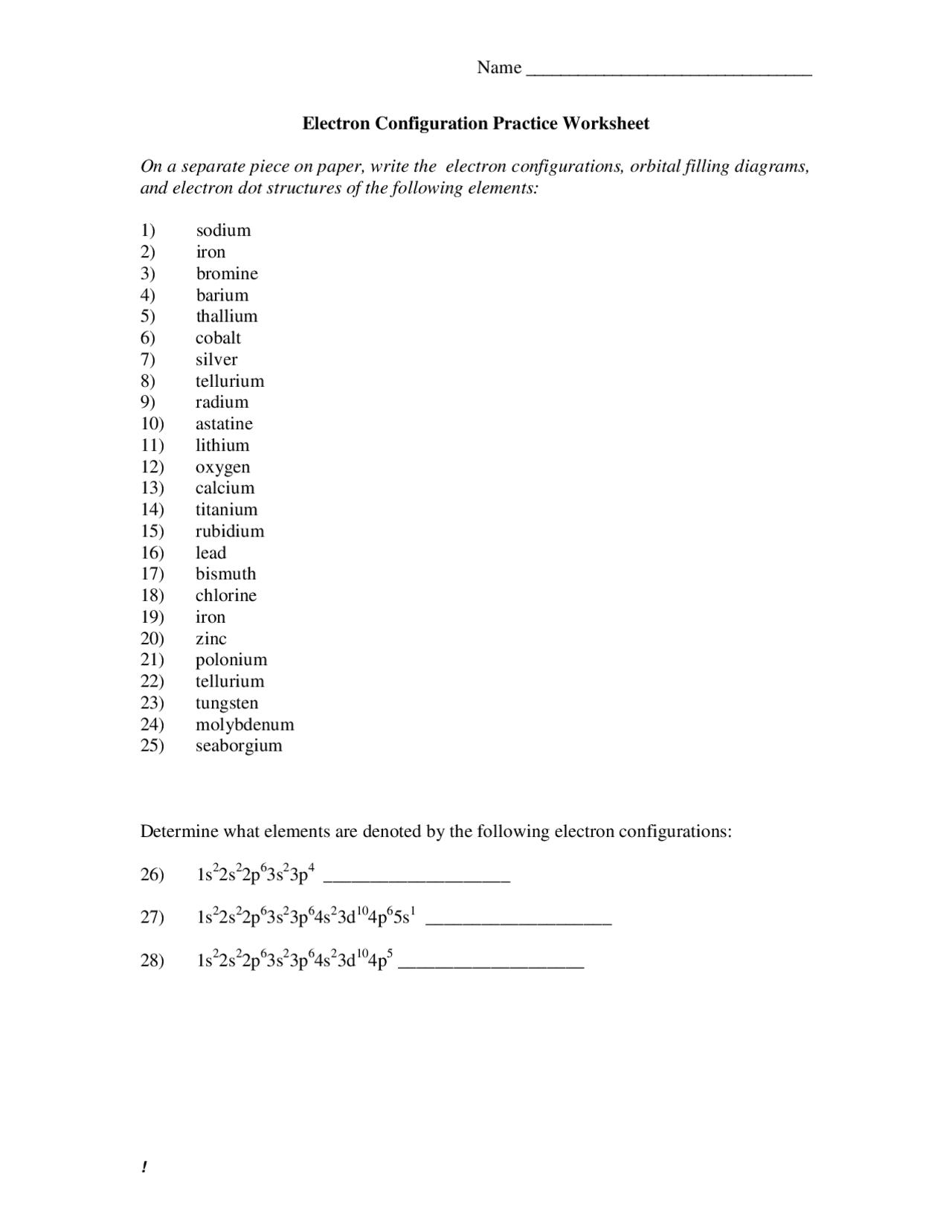 electron configuration practice worksheet