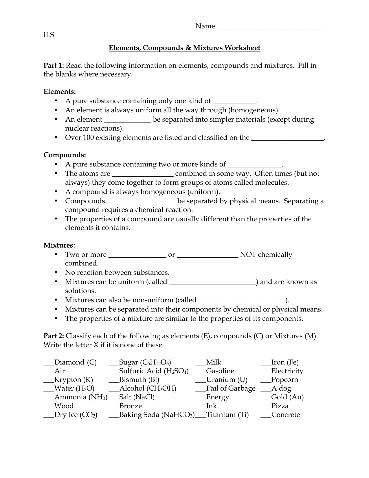 Elements Compounds And Mixtures Worksheet Elements Compounds And Mixtures Worksheet