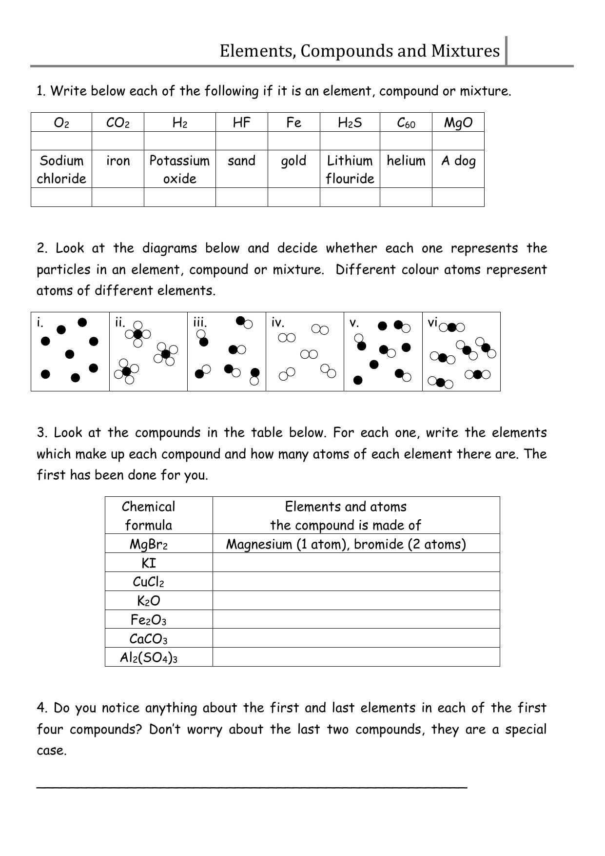 Elements Compounds Mixtures Worksheet Elements Compounds Mixtures Worksheet