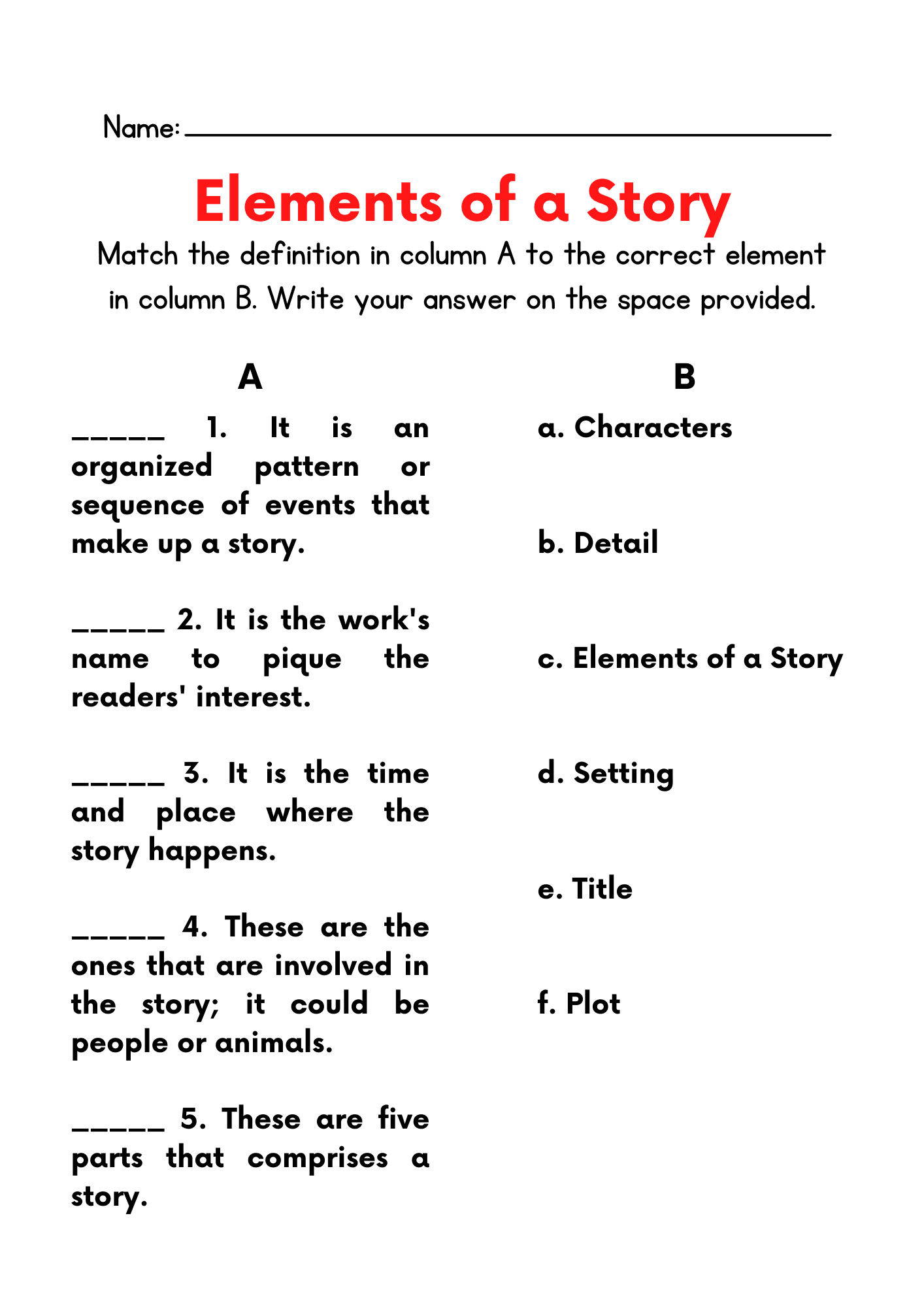 elements of a story worksheet elements of a story worksheet