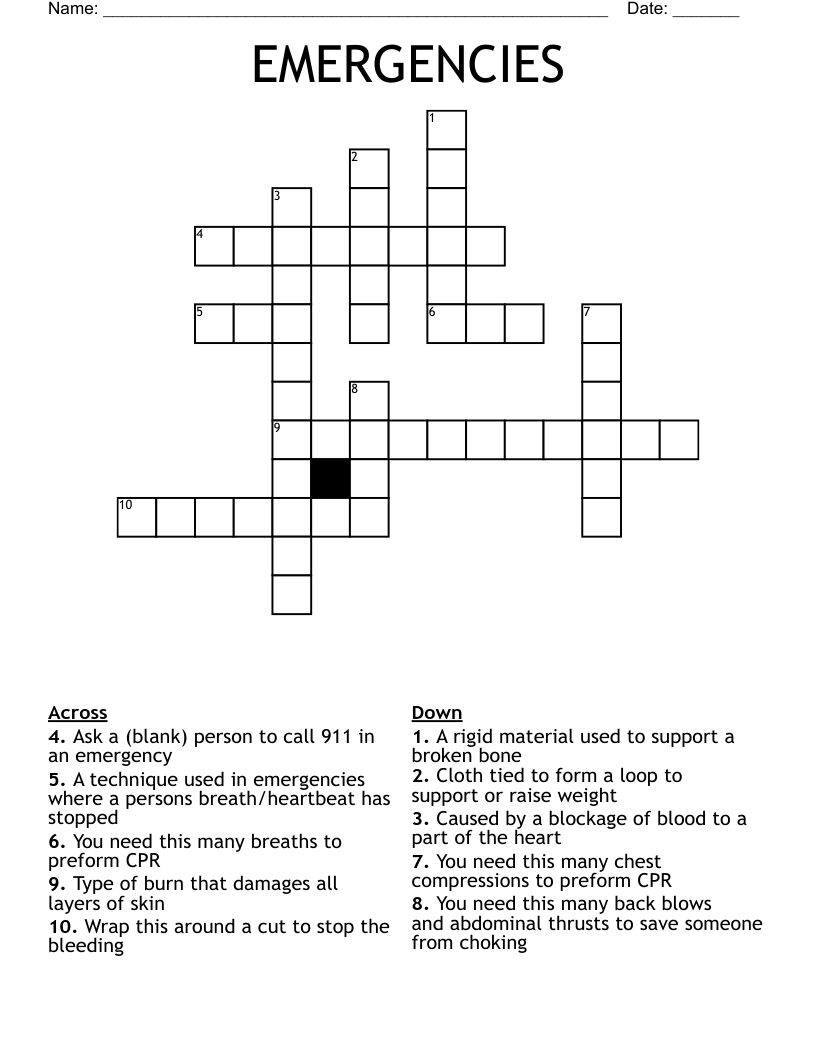 EMERGENCIES Crossword WordMint EMERGENCIES Crossword WordMint