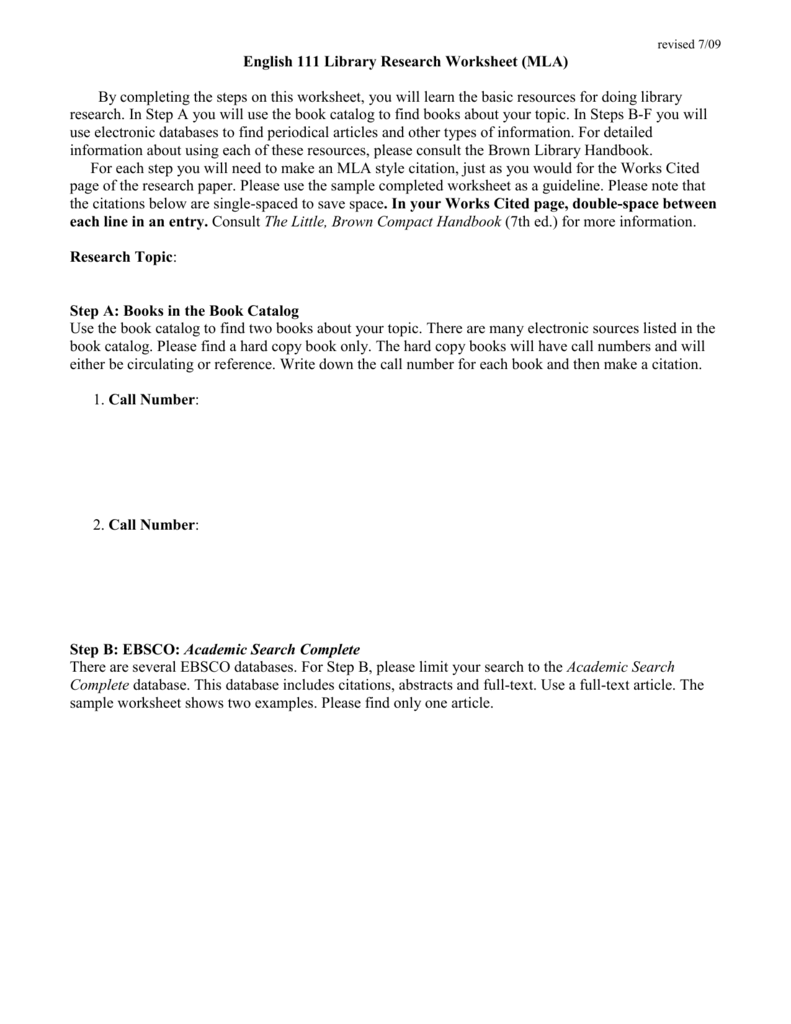 English 111 Library Research Worksheet MLA English 111 Library Research Worksheet MLA
