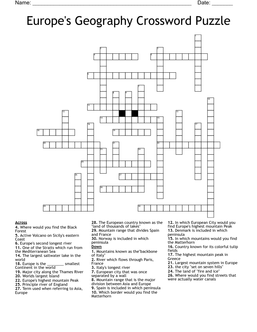 Europe s Geography Crossword Puzzle WordMint Europe s Geography Crossword Puzzle WordMint