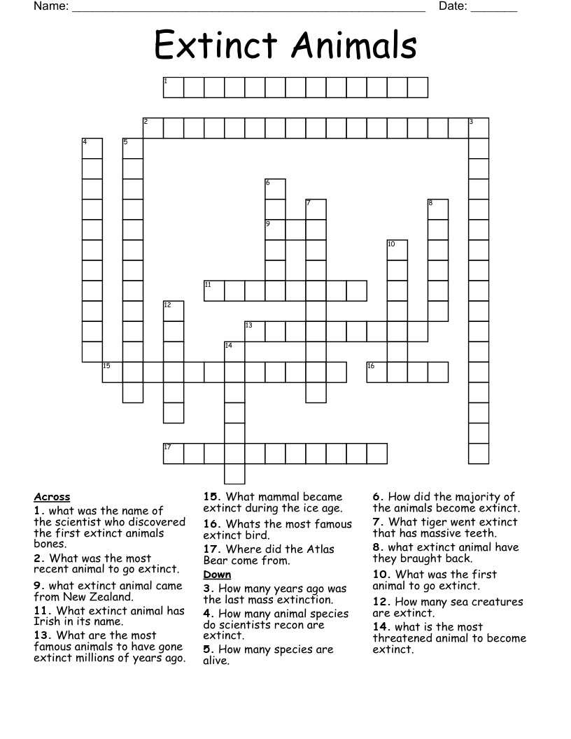 Extinct Animals Crossword WordMint Extinct Animals Crossword WordMint
