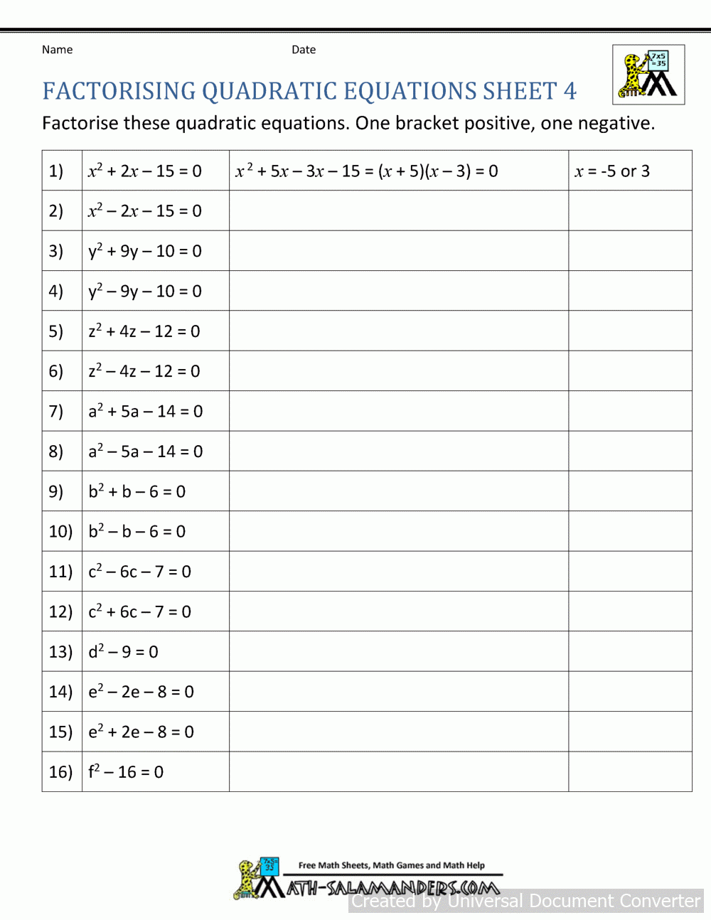 Factoring Quadratic Equations Factoring Quadratic Equations