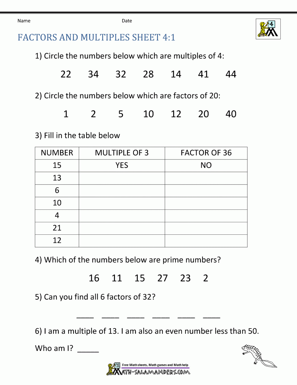 Factors And Multiples Worksheet Factors And Multiples Worksheet