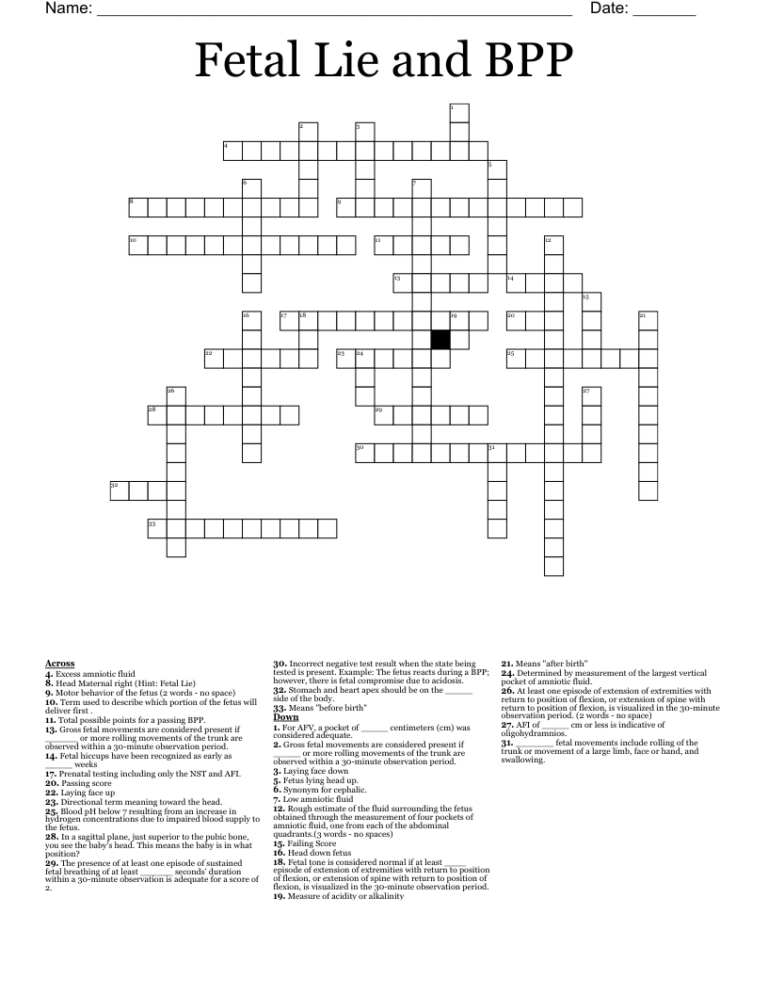 Fetal Lie And BPP Crossword WordMint