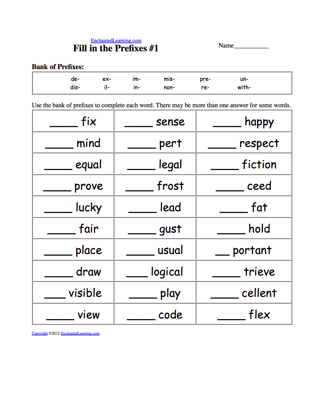 Fill In The Prefixes Worksheets EnchantedLearning Fill In The Prefixes Worksheets EnchantedLearning