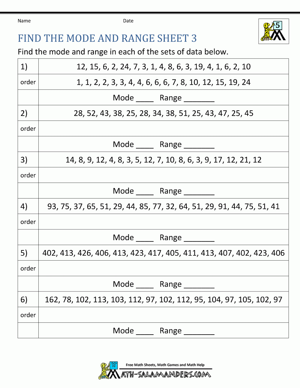 Find The Mode And Range Sheet 3 Find The Mode And Range Sheet 3