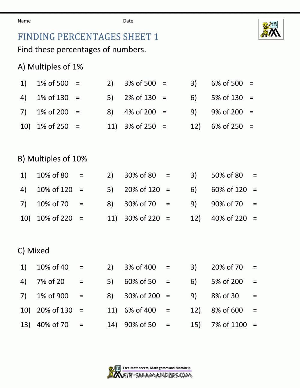 Finding Percentage Worksheets Finding Percentage Worksheets