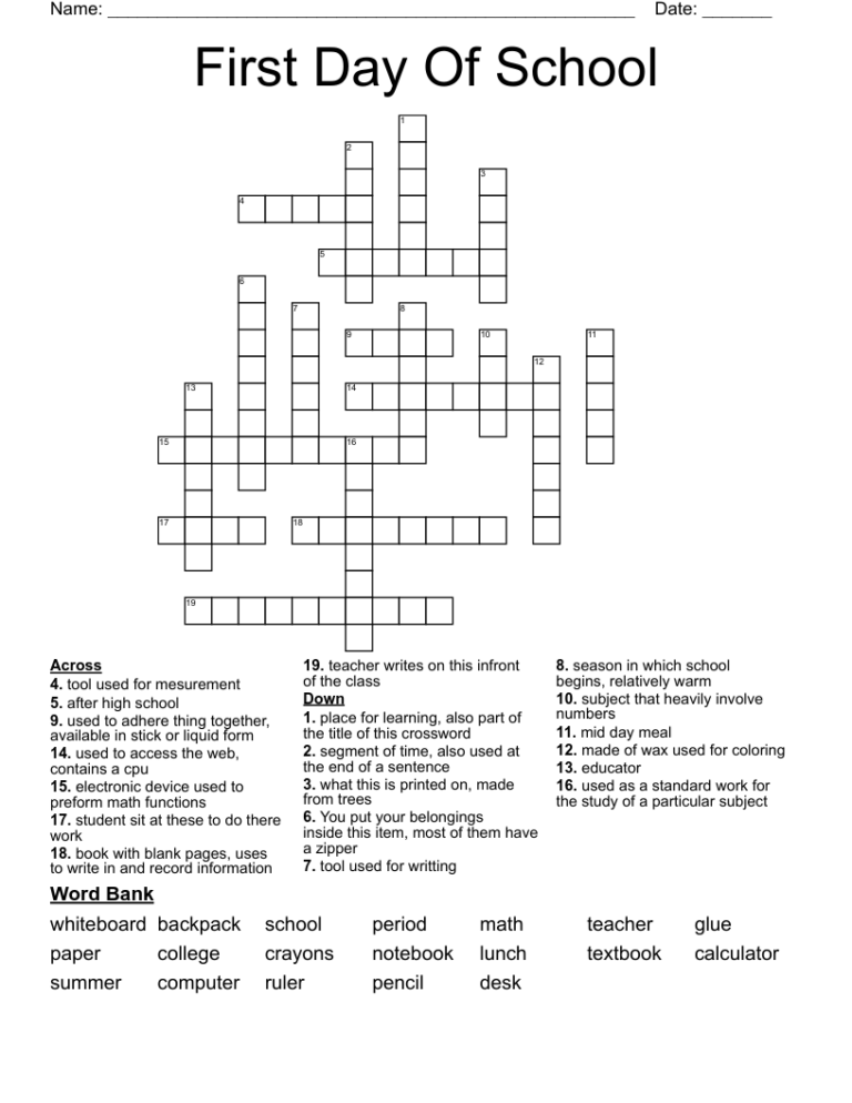 First Day Of School Crossword WordMint