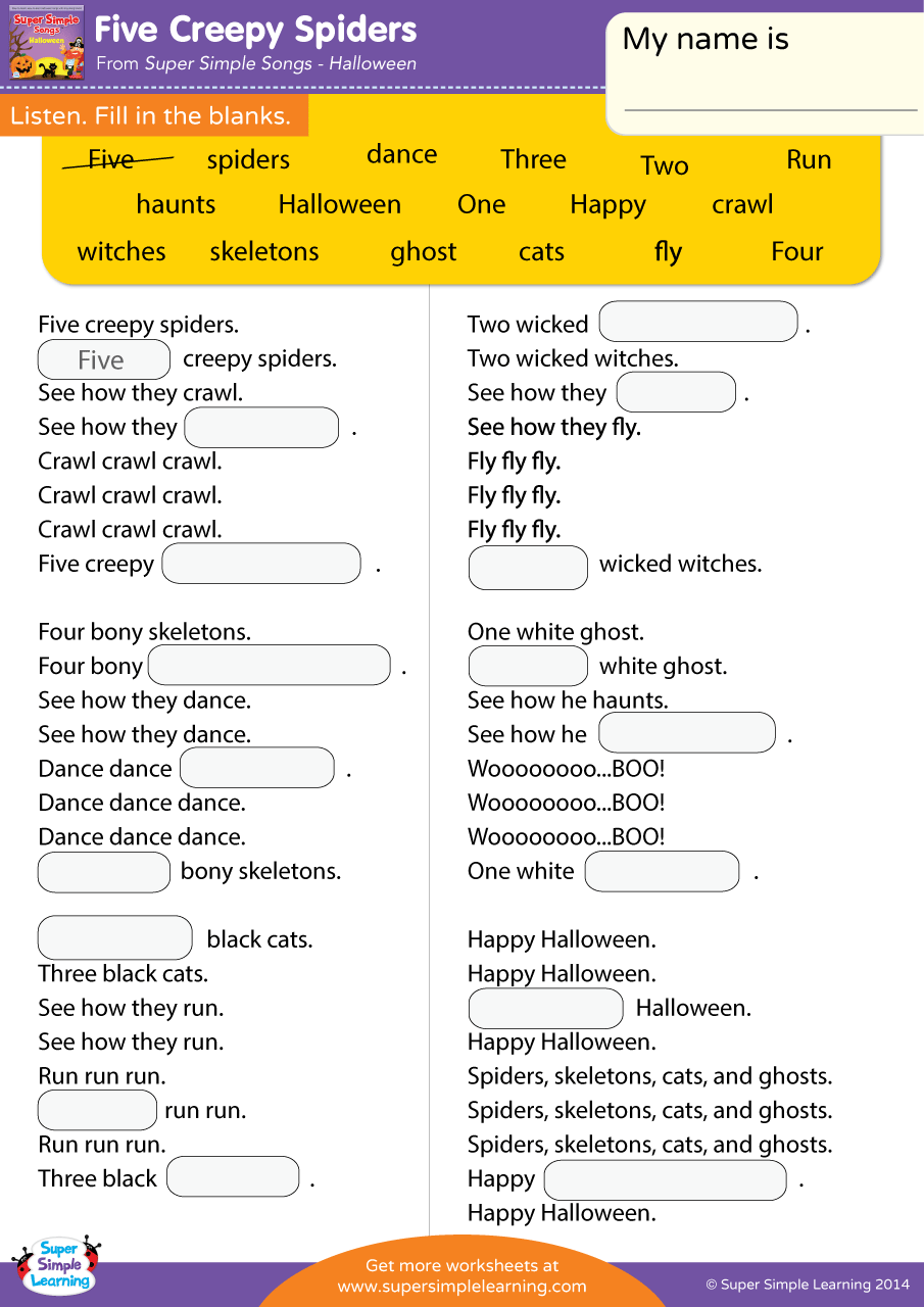 Five Creepy Spiders Worksheet Fill In The Blanks Super Simple Five Creepy Spiders Worksheet Fill In The Blanks Super Simple