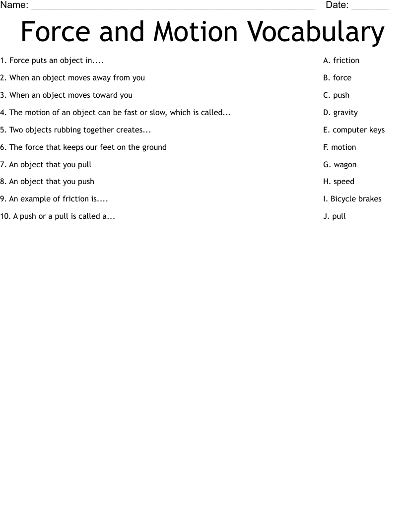 Force And Motion Vocabulary Worksheet WordMint Force And Motion Vocabulary Worksheet WordMint