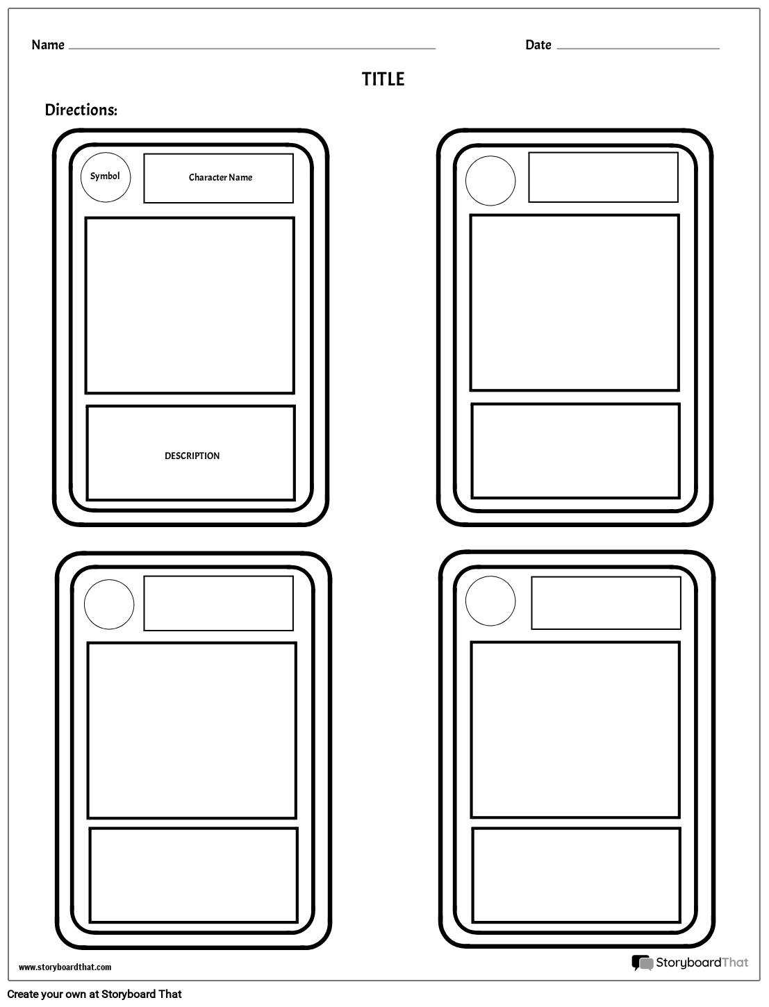 Four Trading Cards Character Map Worksheet Template