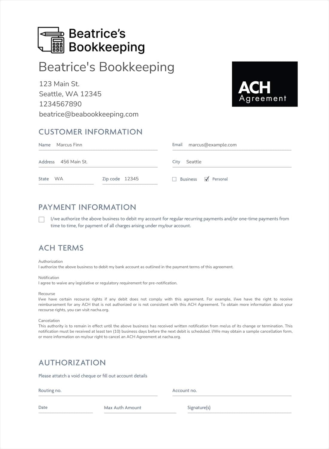 printable blank ach authorization form template printable blank ach authorization form template