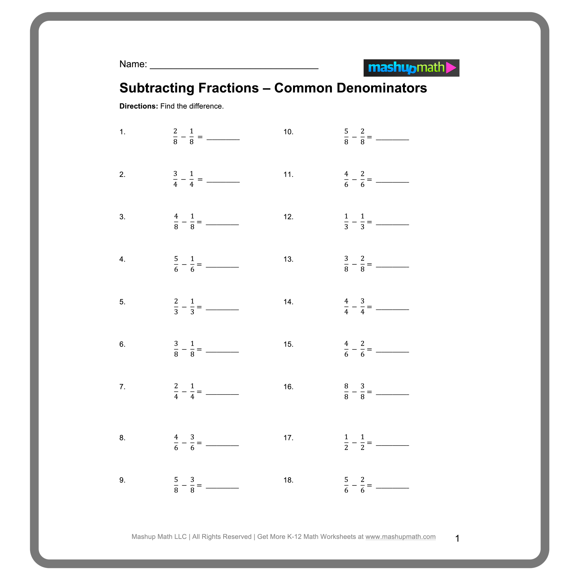 Free Adding And Subtracting Fractions Worksheets Mashup Math Free Adding And Subtracting Fractions Worksheets Mashup Math