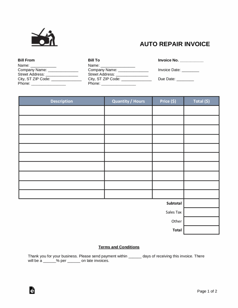 Free Auto Body Mechanic Invoice Template PDF Word EForms