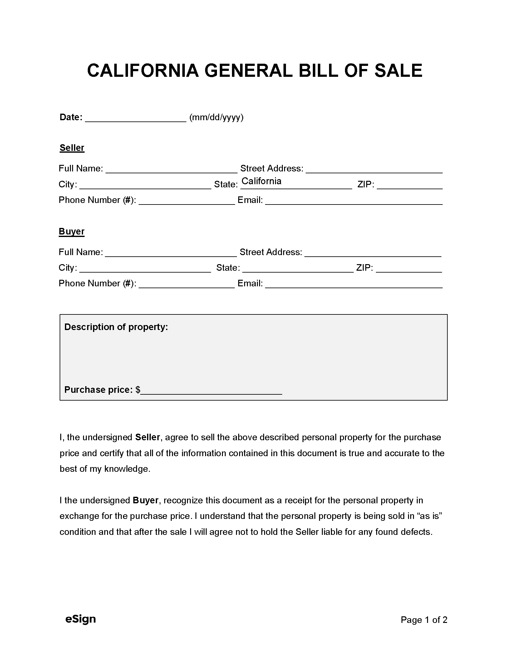 Free California General Bill Of Sale Form PDF Word Free California General Bill Of Sale Form PDF Word