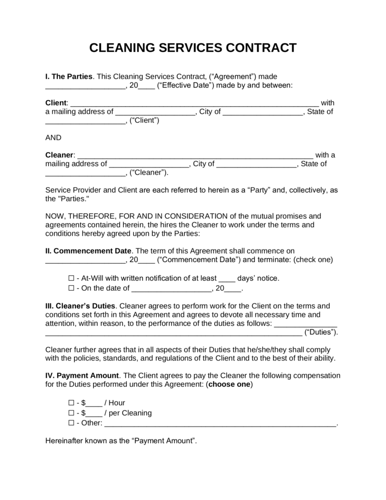 Free Cleaning Service Contract Template PDF Word EForms