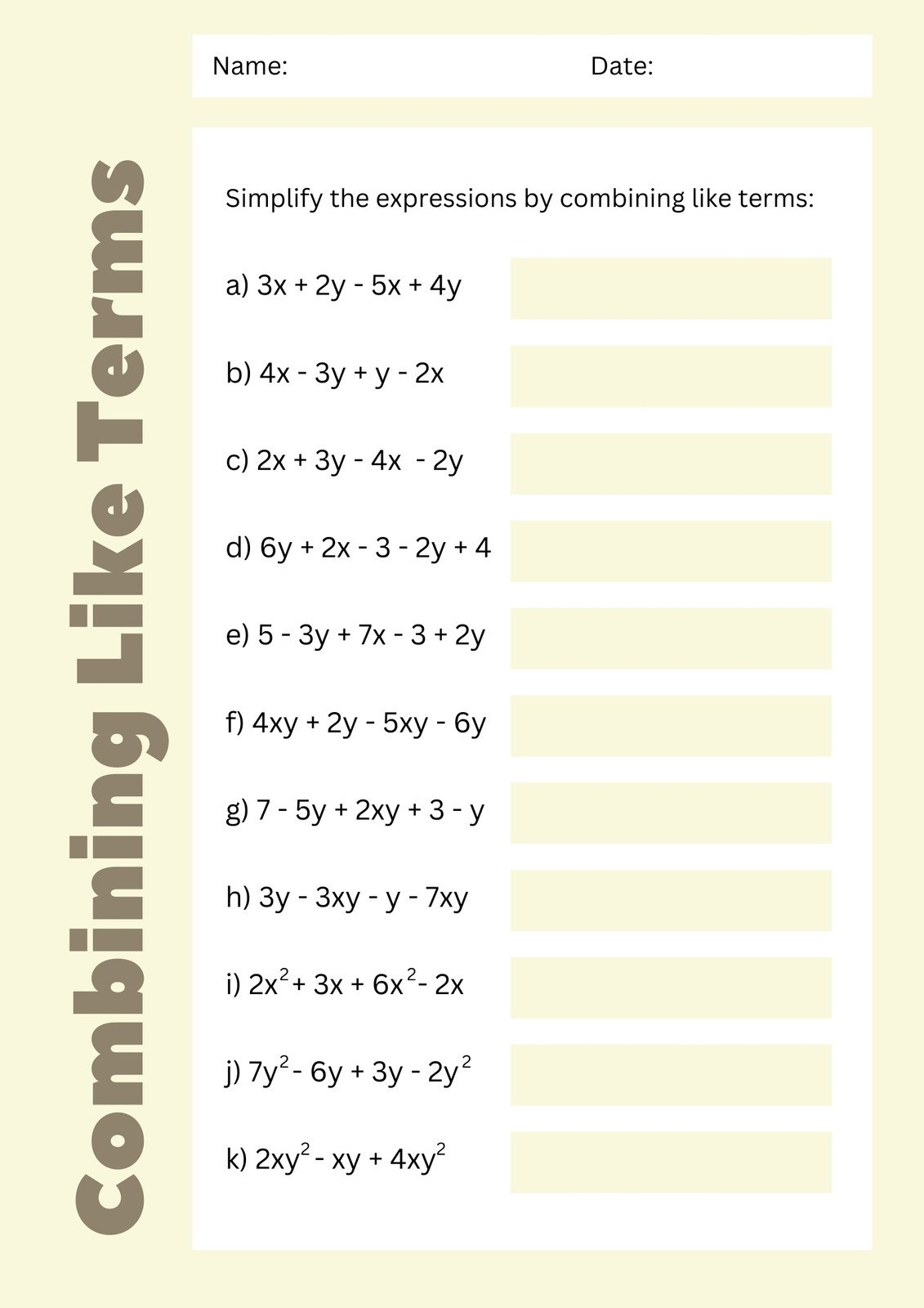 Free Custom Combining Like Terms Worksheet Templates Canva