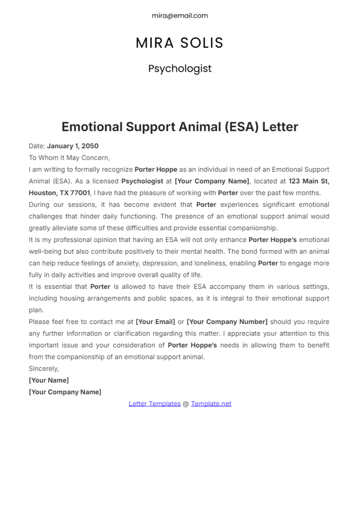 Free Emotional Support Animal ESA Letter Template To Edit Online Free Emotional Support Animal ESA Letter Template To Edit Online