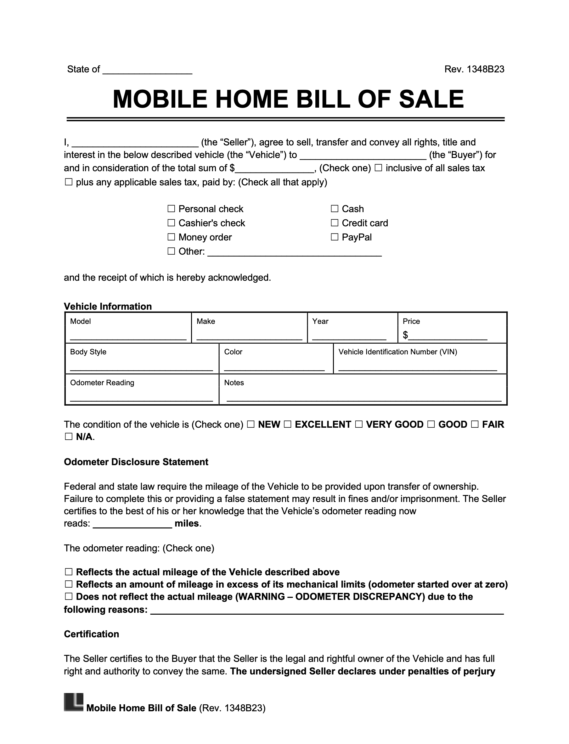 Free Mobile Manufactured Home Bill Of Sale Form Legal Templates Free Mobile Manufactured Home Bill Of Sale Form Legal Templates