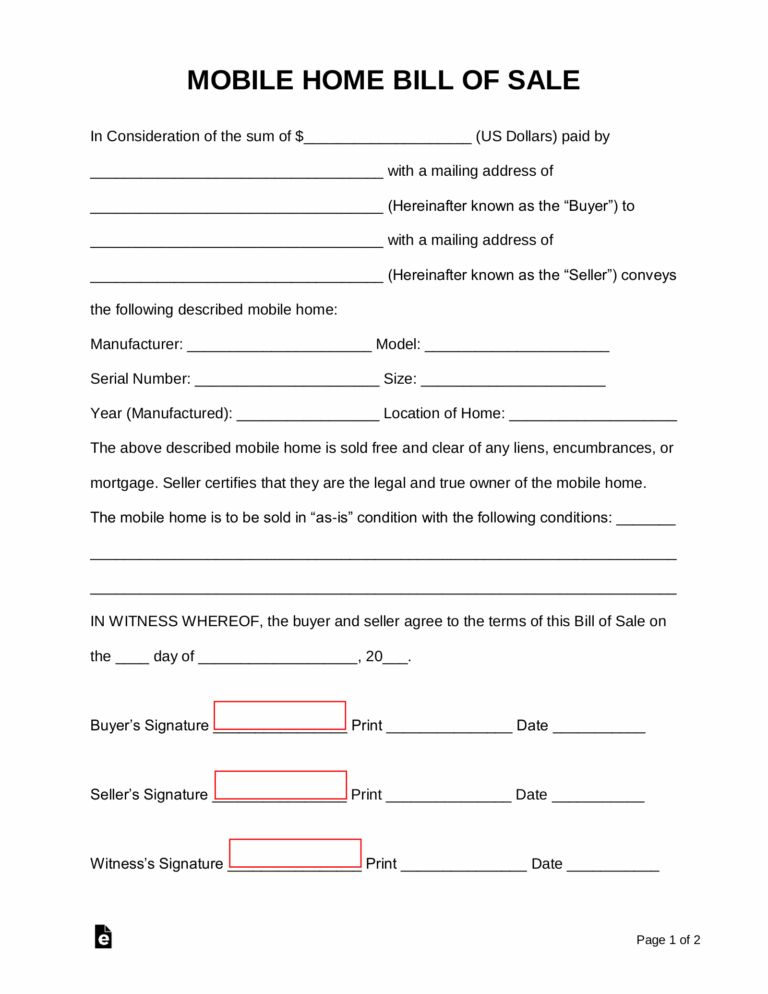 Free Mobile Manufactured Home Bill Of Sale Form PDF Word EForms