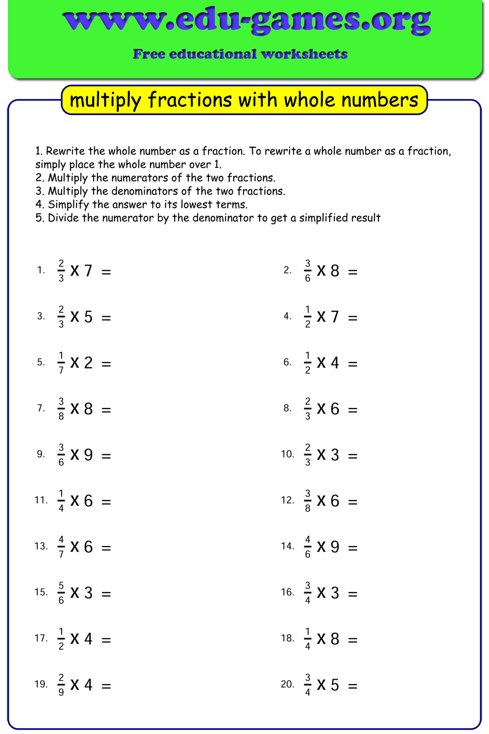 multiplying fractions times whole numbers worksheets