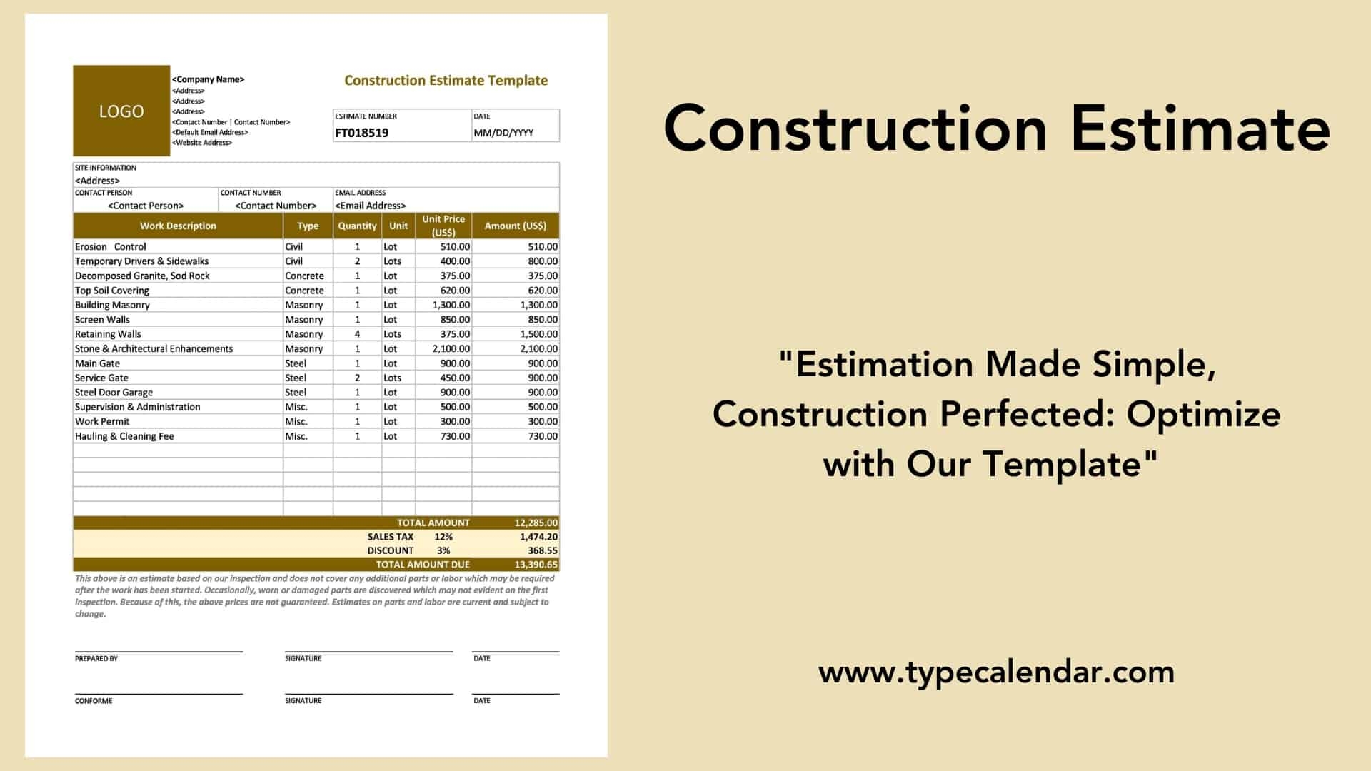 printable construction estimate template