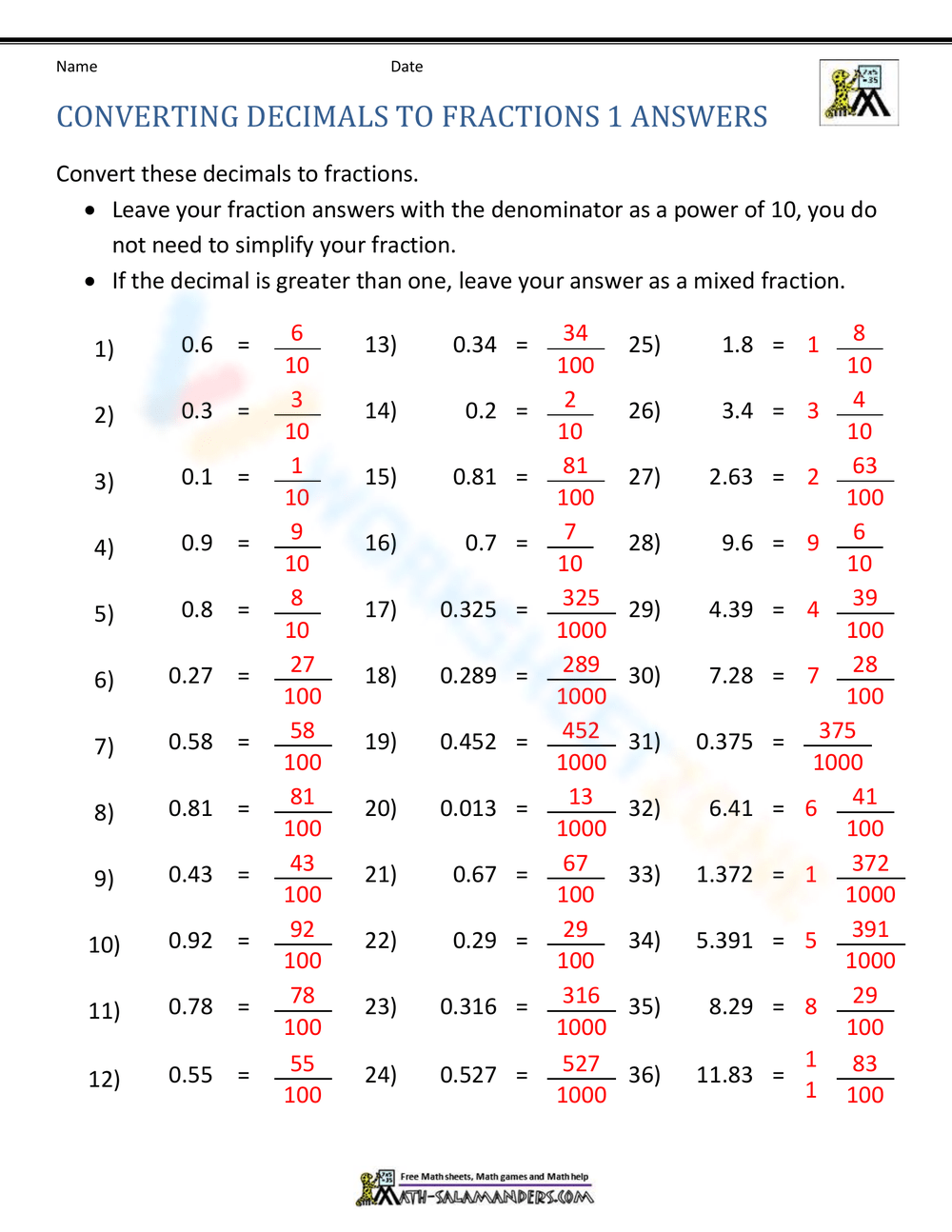 converting decimals to fractions worksheet