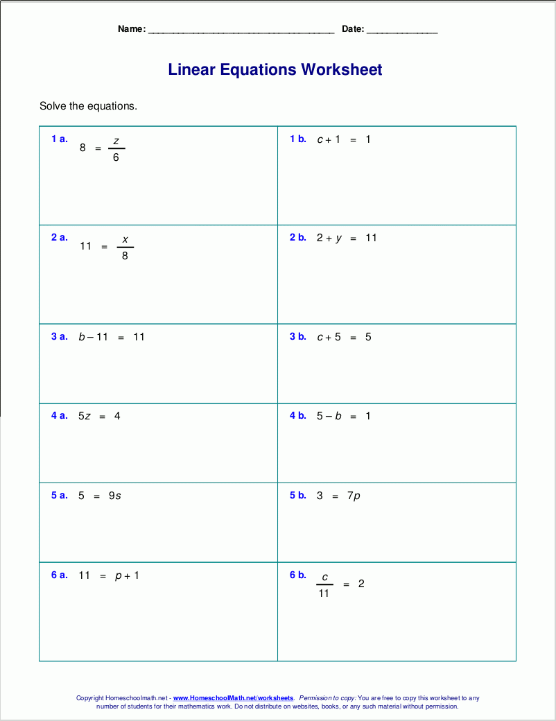 Free Worksheets For Linear Equations grades 6 9 Pre algebra Algebra 1 Free Worksheets For Linear Equations grades 6 9 Pre algebra Algebra 1