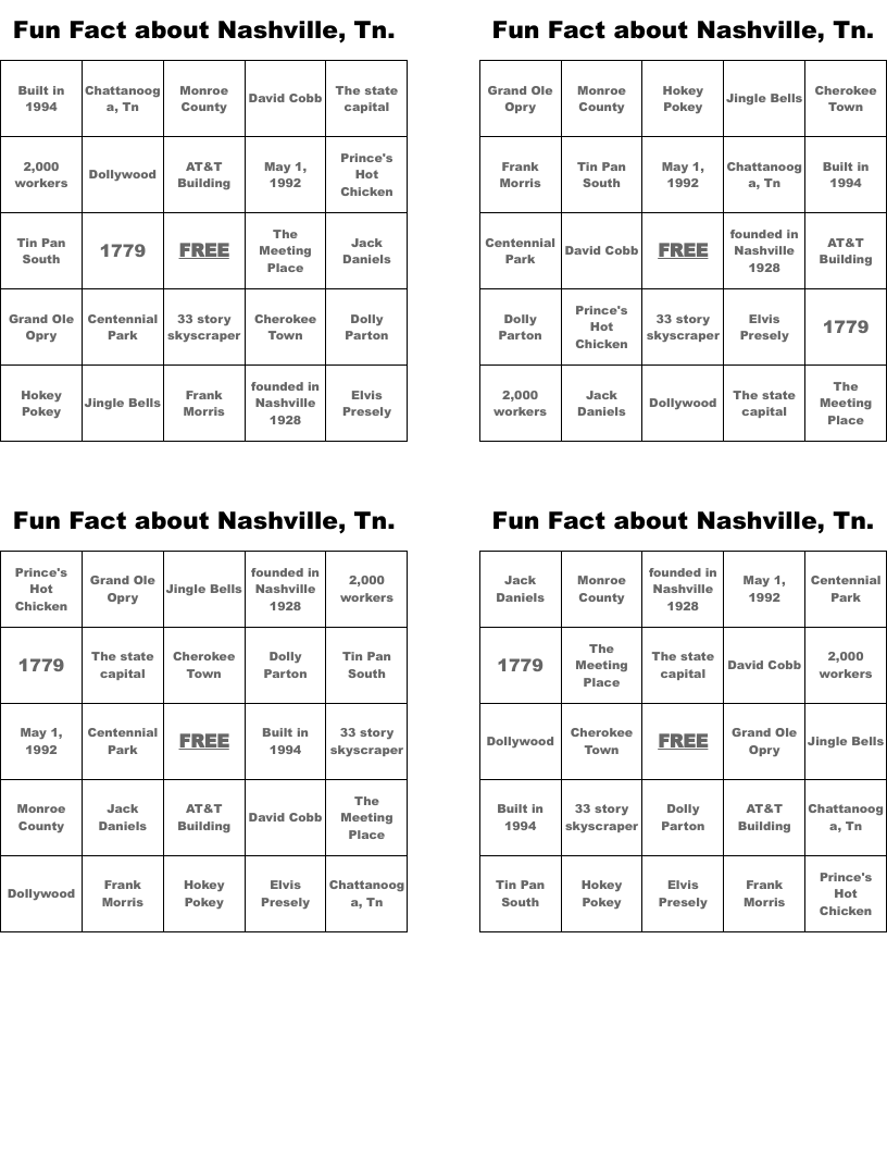 Fun Fact About Nashville Tn Bingo Cards WordMint Fun Fact About Nashville Tn Bingo Cards WordMint