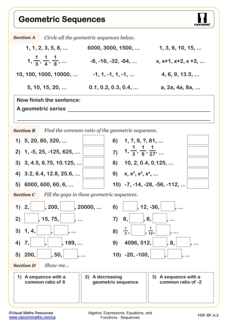 Geometric Sequences Worksheet PDF Printable Algebra Worksheet Cazoom Math