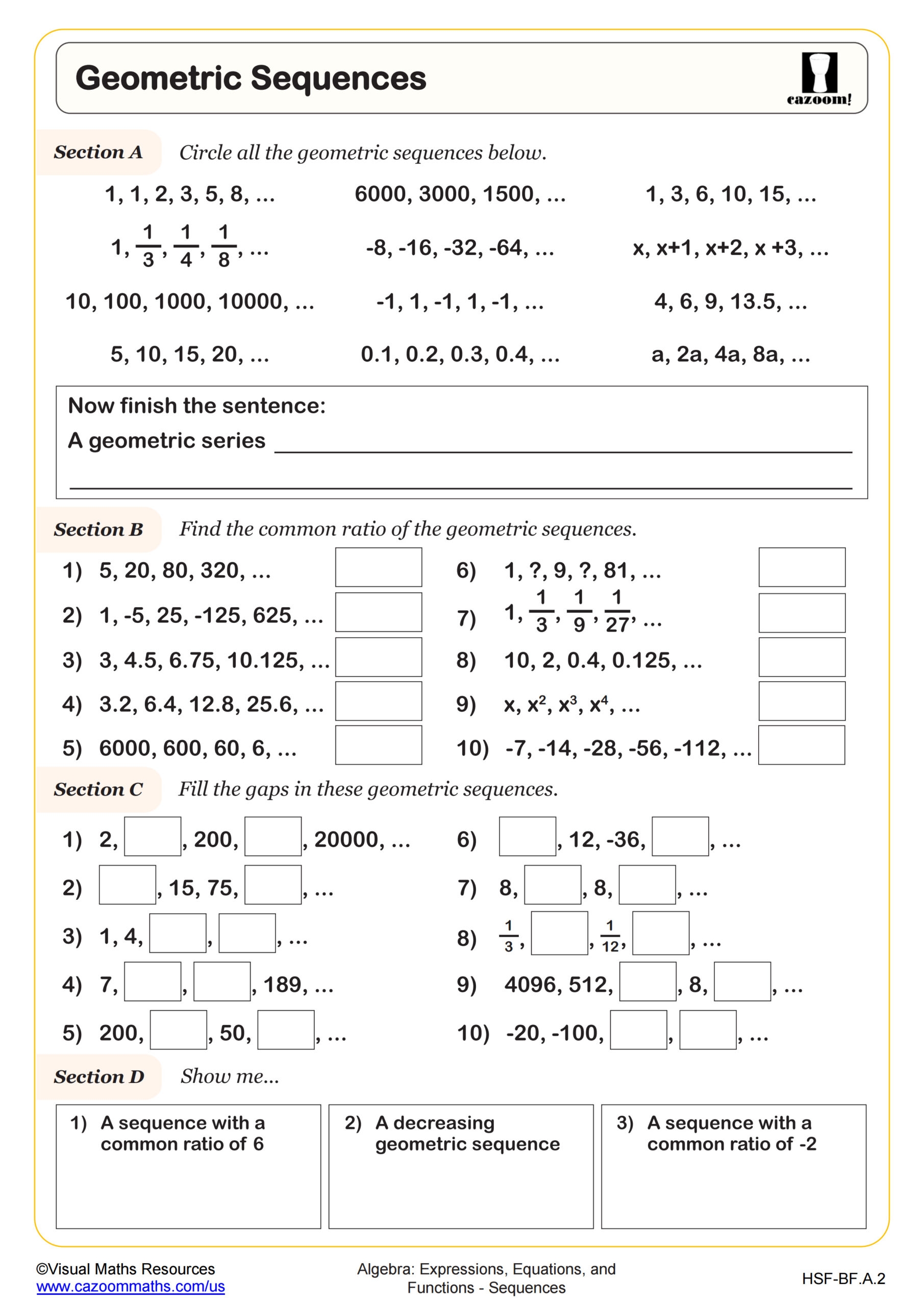 Geometric Sequences Worksheet PDF Printable Algebra Worksheet Cazoom Math