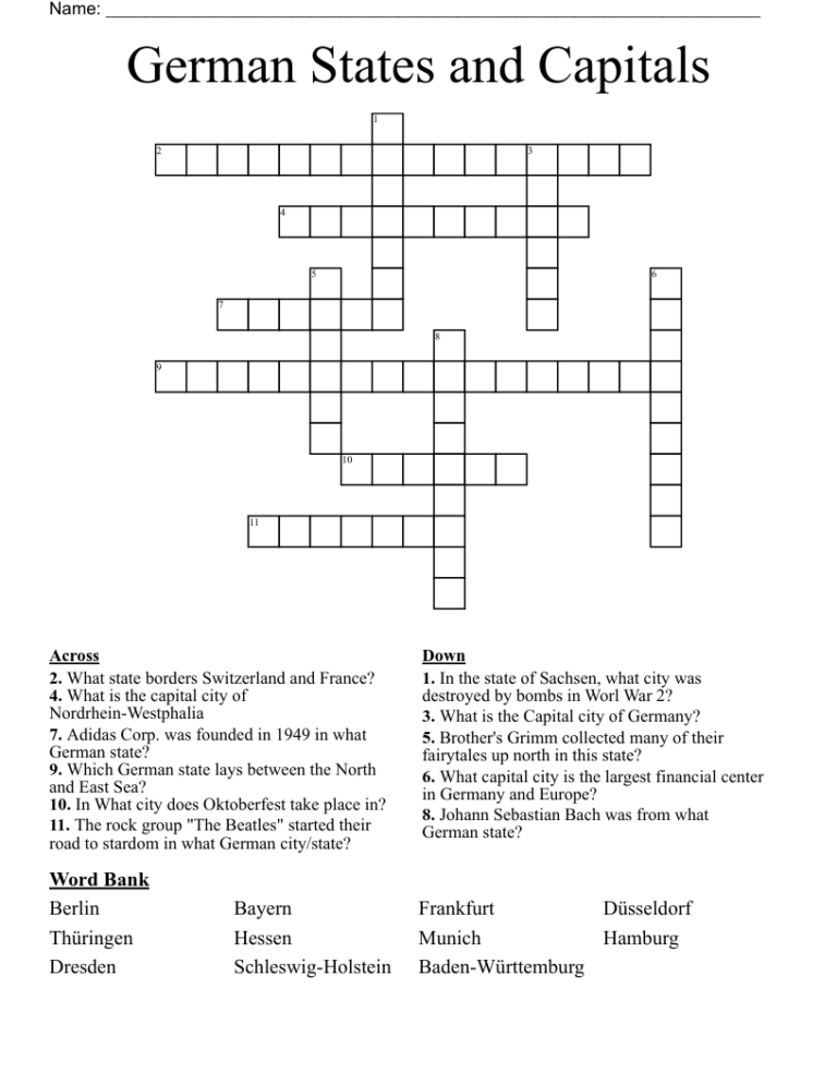 German States And Capitals Crossword WordMint